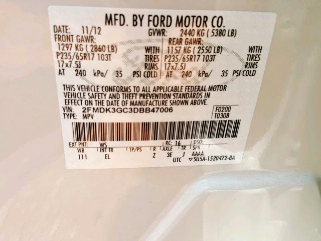 2FMDK3GC3DBB47006 - 2013 FORD EDGE SE WHITE photo 10