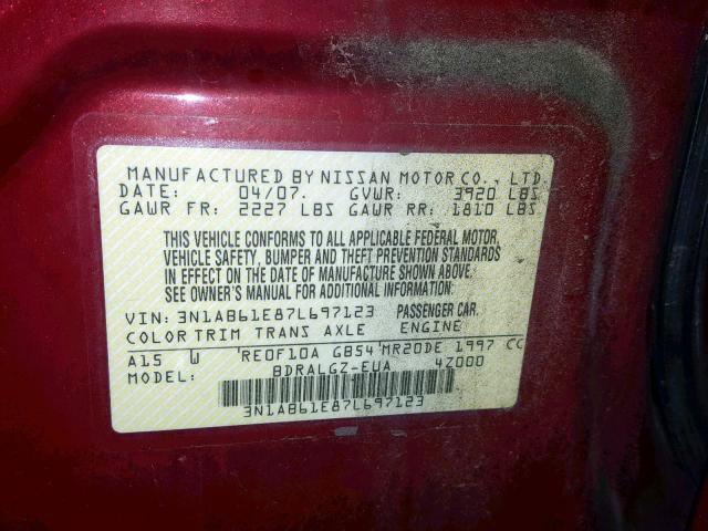 3N1AB61E87L697123 - 2007 NISSAN SENTRA 2.0 RED photo 10