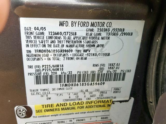 1FMDK06185GA59609 - 2005 FORD FREESTYLE BROWN photo 10