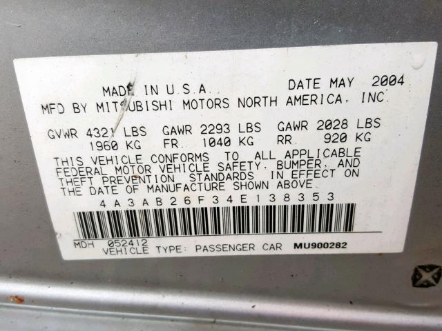 4A3AB26F34E138353 - 2004 MITSUBISHI GALANT DE SILVER photo 10