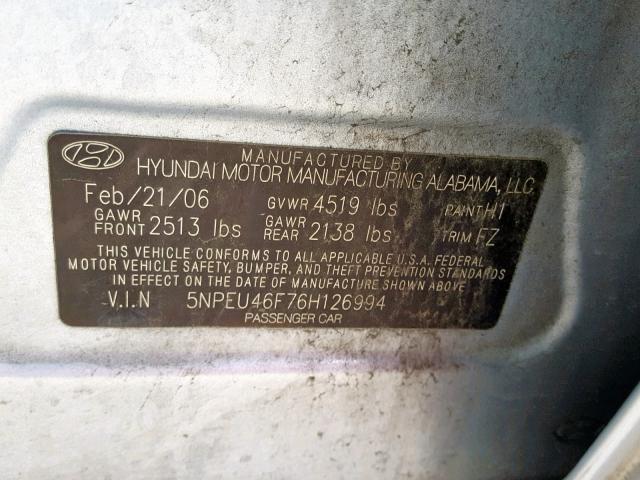 5NPEU46F76H126994 - 2006 HYUNDAI SONATA GLS BLUE photo 10