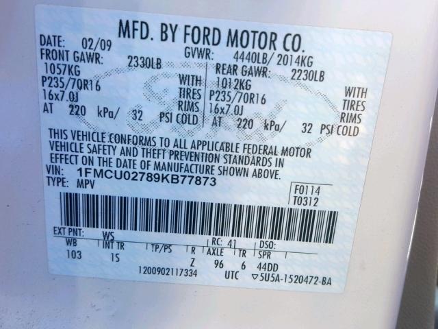 1FMCU02789KB77873 - 2009 FORD ESCAPE XLS WHITE photo 10