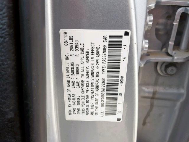 1HGCP26899A199348 - 2009 HONDA ACCORD EXL SILVER photo 10