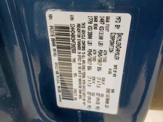 1D4HD48K94F202569 - 2004 DODGE DURANGO SL BLUE photo 10