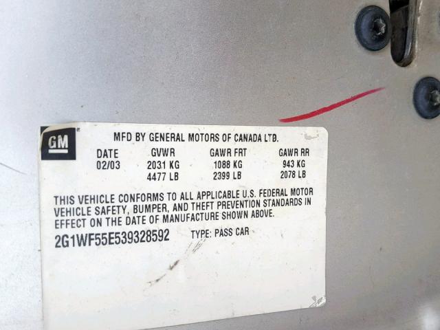 2G1WF55E539328592 - 2003 CHEVROLET IMPALA SILVER photo 10