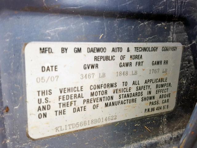 KL1TD56618B014622 - 2008 CHEVROLET AVEO BASE Көк фото 10