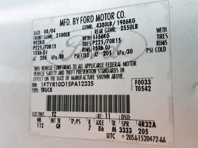 1FTYR10D15PA12335 - 2005 FORD RANGER WHITE photo 10