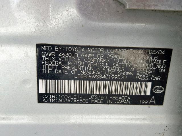 JT8BD69S840199520 - 2004 LEXUS GS 300 SILVER photo 10