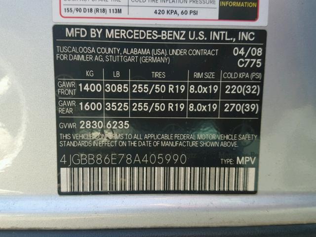 4JGBB86E78A405990 - 2008 MERCEDES-BENZ ML 350 SILVER photo 10