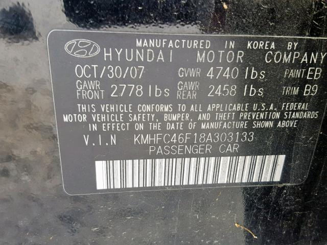 KMHFC46F18A303133 - 2008 HYUNDAI AZERA SE BLACK photo 10