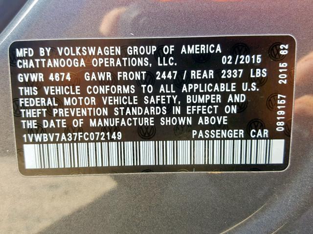 1VWBV7A37FC072149 - 2015 VOLKSWAGEN PASSAT SE GRAY photo 10