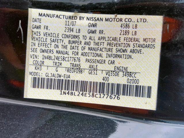 1N4BL24E58C177676 - 2008 NISSAN ALTIMA 3.5 BLACK photo 10