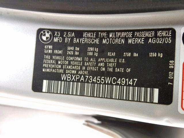 WBXPA73455WC49147 - 2005 BMW X3 2.5I SILVER photo 10