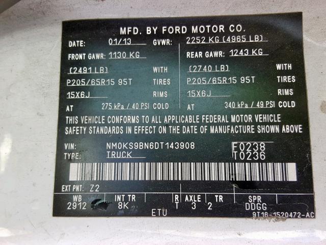 NM0KS9BN6DT143908 - 2013 FORD TRANSIT CO WHITE photo 10