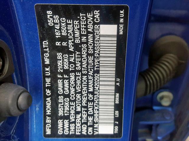 SHHFK7H70JU420292 - 2018 HONDA CIVIC EXL ლურჯი ფოტო 10