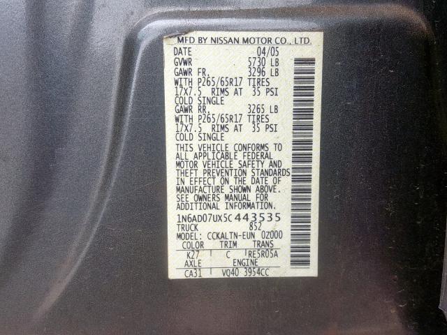 1N6AD07UX5C443535 - 2005 NISSAN FRONTIER C GRAY photo 10