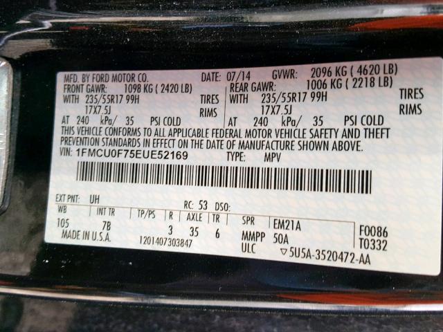 1FMCU0F75EUE52169 - 2014 FORD ESCAPE S BLACK photo 10