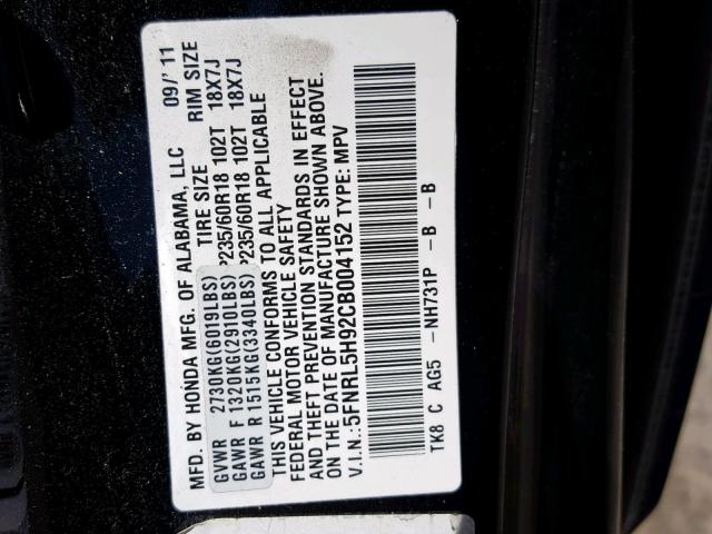 5FNRL5H92CB004152 - 2012 HONDA ODYSSEY TO BLACK photo 10