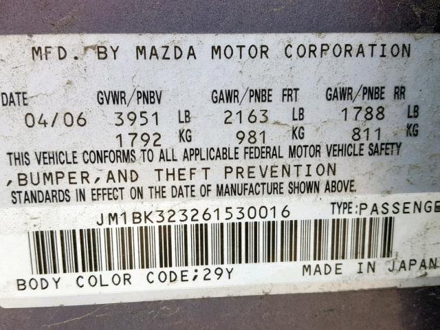 JM1BK323261530016 - 2006 MAZDA 3 S GRAY photo 10