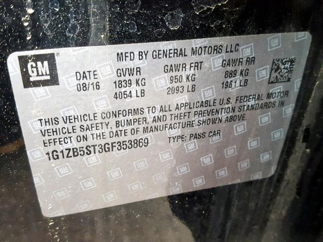 1G1ZB5ST3GF353869 - 2016 CHEVROLET MALIBU LS BLACK photo 10