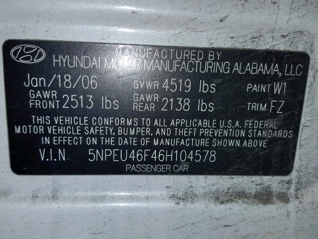 5NPEU46F46H104578 - 2006 HYUNDAI SONATA GLS WHITE photo 10