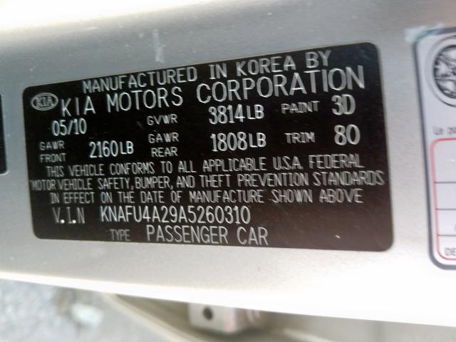 KNAFU4A29A5260310 - 2010 KIA FORTE EX  photo 10