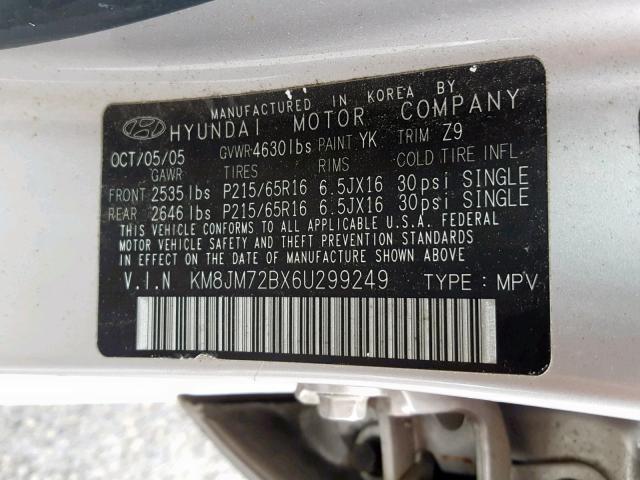 KM8JM72BX6U299249 - 2006 HYUNDAI TUCSON GL SILVER photo 10