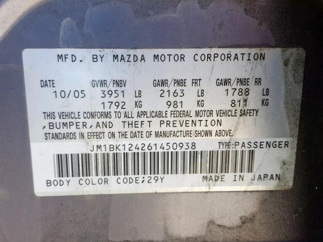 JM1BK124261450938 - 2006 MAZDA 3 S GRAY photo 10