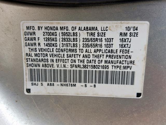 5FNRL38215B021695 - 2005 HONDA ODYSSEY LX GOLD photo 10