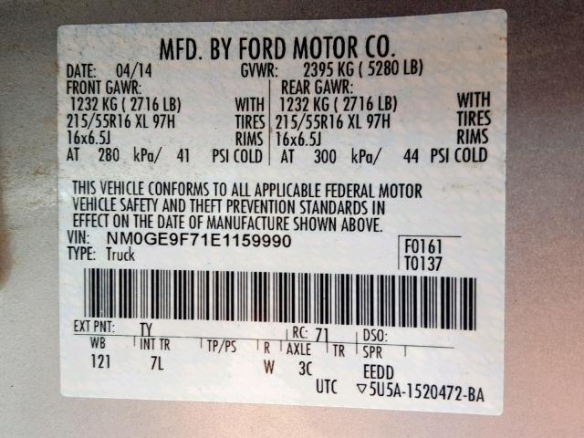 NM0GE9F71E1159990 - 2014 FORD TRANSIT CO SILVER photo 10