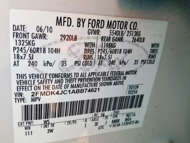 2FMDK4JC1ABB74621 - 2010 FORD EDGE SEL  photo 10