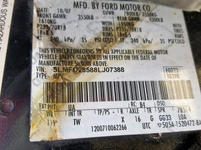 5LMFU28588LJ07388 - 2008 LINCOLN NAVIGATOR 黑色 照片 10