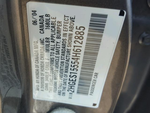 2HGES15554H612885 - 2004 HONDA CIVIC LX GRAY photo 10