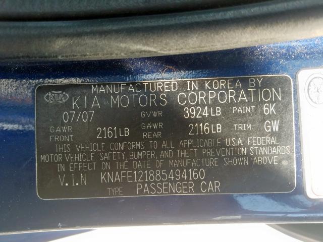 KNAFE121885494160 - 2008 KIA SPECTRA EX  photo 10