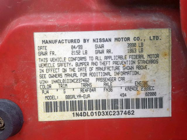 1N4DL01D3XC237462 - 1999 NISSAN ALTIMA XE RED photo 10