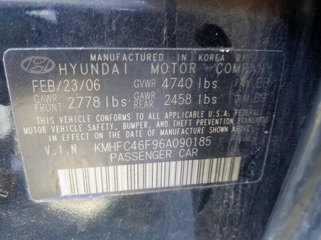 KMHFC46F96A090185 - 2006 HYUNDAI AZERA SE  photo 10