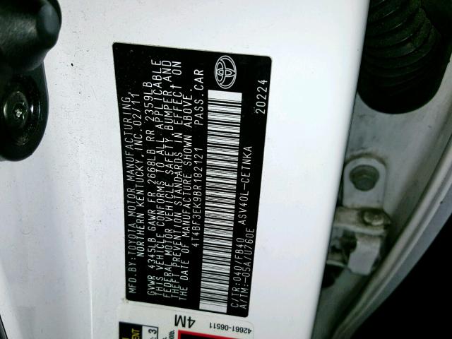 4T4BF3EK9BR182121 - 2011 TOYOTA CAMRY BASE WHITE photo 10