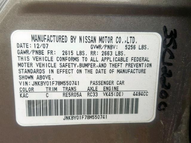 JNKBY01F78M550741 - 2008 INFINITI M45 TAN photo 10