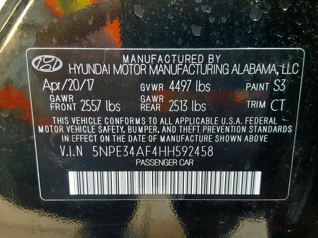 5NPE34AF4HH592458 - 2017 HYUNDAI SONATA SPO GRAY photo 10