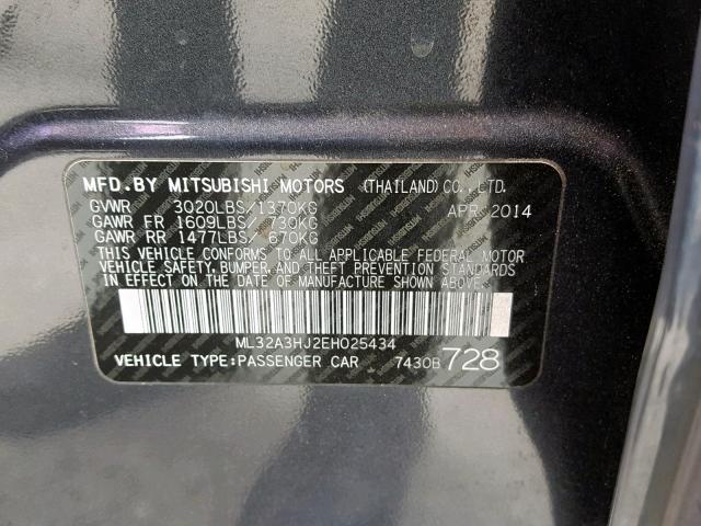 ML32A3HJ2EH025434 - 2014 MITSUBISHI MIRAGE DE CHARCOAL photo 10