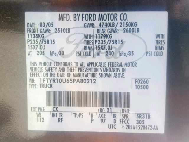 1FTYR10U65PA80212 - 2005 FORD RANGER GRAY photo 10