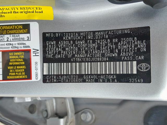 4T1BK1EB0JU288384 - 2018 TOYOTA AVALON XLE SILVER photo 10