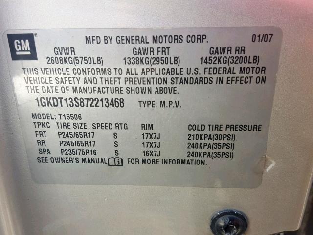 1GKDT13S872213468 - 2007 GMC ENVOY SILVER photo 10