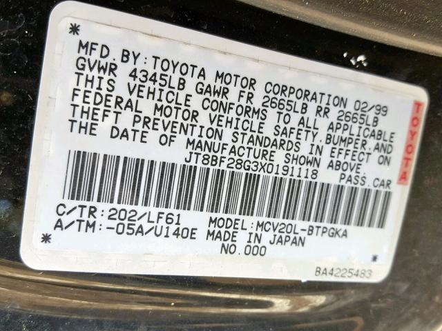 JT8BF28G3X0191118 - 1999 LEXUS ES 300 BLACK photo 10