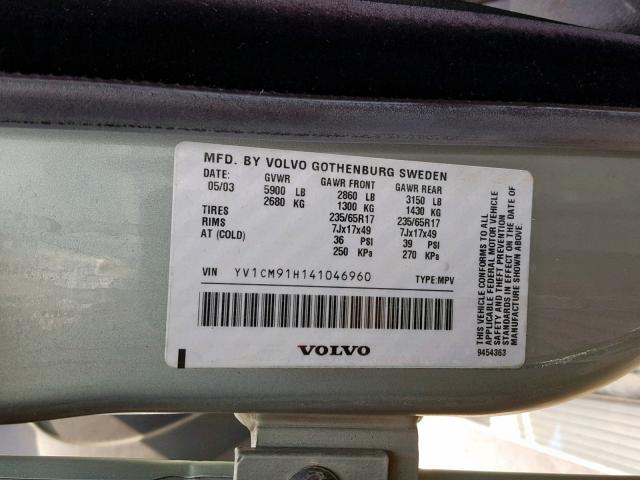 YV1CM91H141046960 - 2004 VOLVO XC90 T6 SILVER photo 10