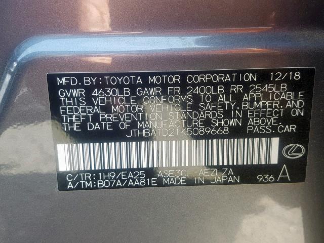 JTHBA1D21K5089668 - 2019 LEXUS IS 300 GRAY photo 10