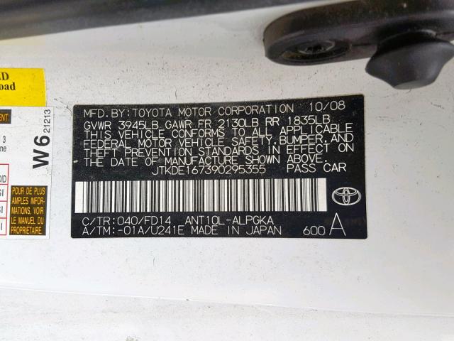 JTKDE167390295355 - 2009 TOYOTA SCION TC WHITE photo 10