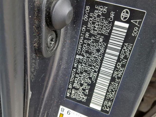 JTDBL40E699078892 - 2009 TOYOTA COROLLA BA GRAY photo 10