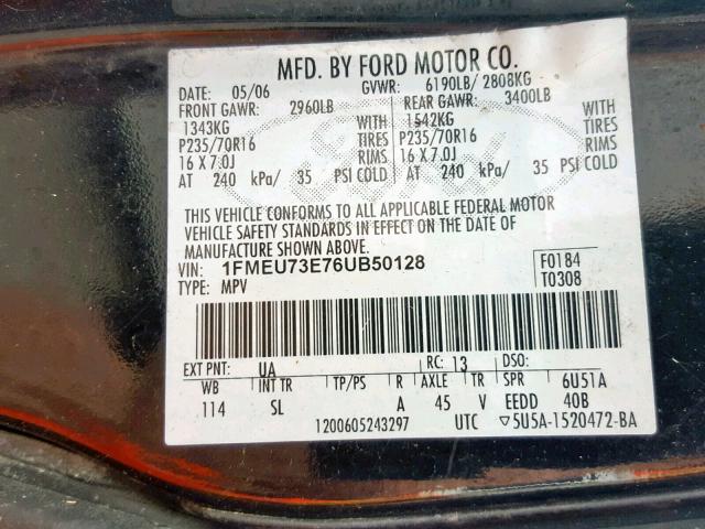 1FMEU73E76UB50128 - 2006 FORD EXPLORER X BLACK photo 10