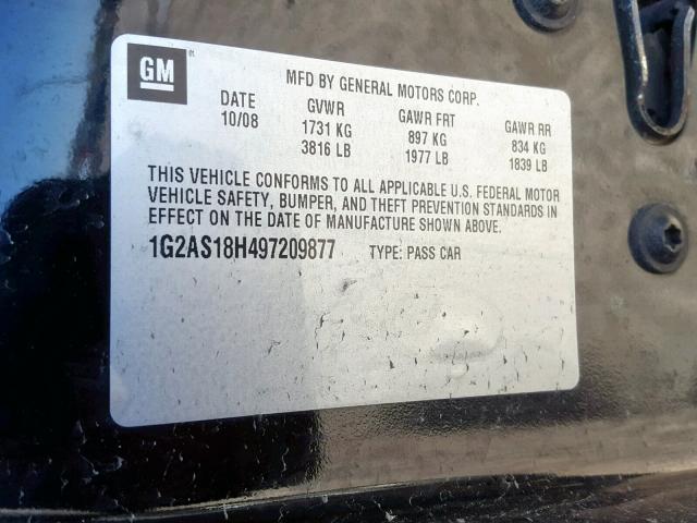 1G2AS18H497209877 - 2009 PONTIAC G5 BLACK photo 10